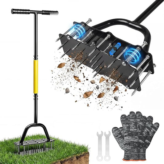 Manual Lawn Aerator with Double-Layer Spring, Heavy Duty Garden Soil Loosener Tool, Spike Aeration Tool with T-Handle and Large Foot Plate for Lawn, Yard, Garden Soil