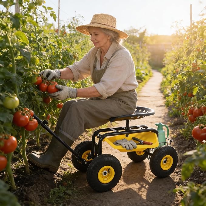 Sekey Garden Cart Rolling Workseat, Heavy Duty Garden Scooter with 360° Swivel Seat & Adjustable Height, Tool Tray & Storage Basket, 440 lbs Capacity, All-Terrain Wheels, for Seniors & Gardeners