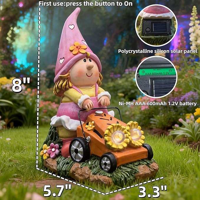 Solar Garden Gnomes Decor for Yard, Fairy Sunflower Lawn Mover Statue | 8inch Height, Lighting 8-10 Hour, Waterproof Outdoor Figurine Lights, Face-revealing, Heart Hat, Pink Gifts for Women