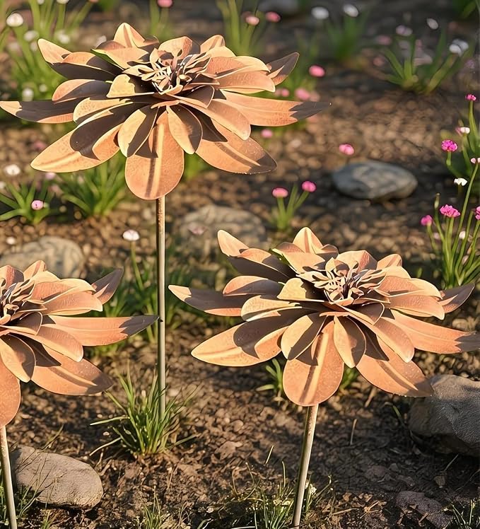 Set of 2 Vintage Rusty Cornflower Statues Stake 12 Inch Metal Artistic Wire Art Decor Rustic Garden Sculptures for Lawns Yard Patio Home Farmhouse Decoration (Bronze) (Brown)