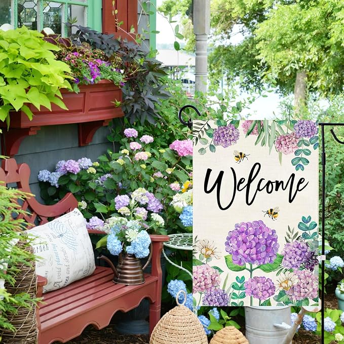 Baccessor Summer Hydrangea Garden Flag Double Sided 12x18 Inch, Purple Flower Floral Welcome Small Yard Flag Burlap Seasonal Farmhouse Yard Outdoor Decoration