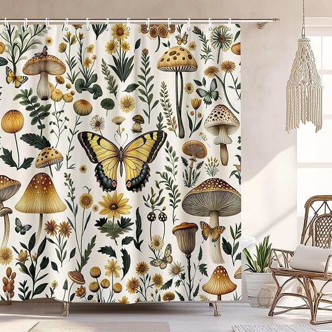 Rustic Boho Mushroom Shower Curtain, Vintage Chic Butterfly Botanical Floral Farmhouse Cottagecore Aesthetic Shower Curtain Set with Hook, Fairy Witchy Plant Shower Curtain for Bathroom 60X72 Beige