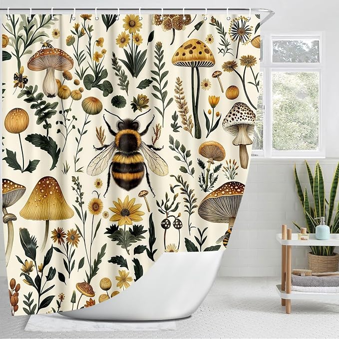 Rustic Boho Mushroom Shower Curtain, Vintage Chic Bee Mushroom Botanical Floral Farmhouse Cottagecore Aesthetic Shower Curtain Set with Hook, Fairy Witchy Plant Shower Curtain for Bathroom 72X84 Beige