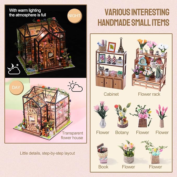 INSGEN Greenhouse Booknook Kit, DIY Miniature Dollhouse Building Set, 1:24 Scale Wooden Diorama Model, Tiny Street House Craft for Adults,Home Bookshelf Decor Gift