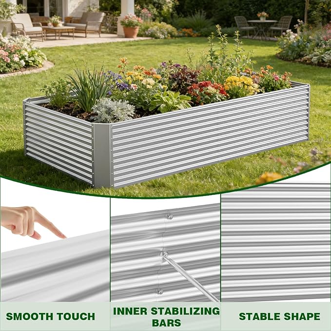 2 Pcs 8 x 4 x 1.4 FT Galvanized Steel Raised Garden Bed – Outdoor Planter Box for Root Vegetables, Herbs & Flowers, Large Metal Garden Beds for Backyards, Terraces and Balconies