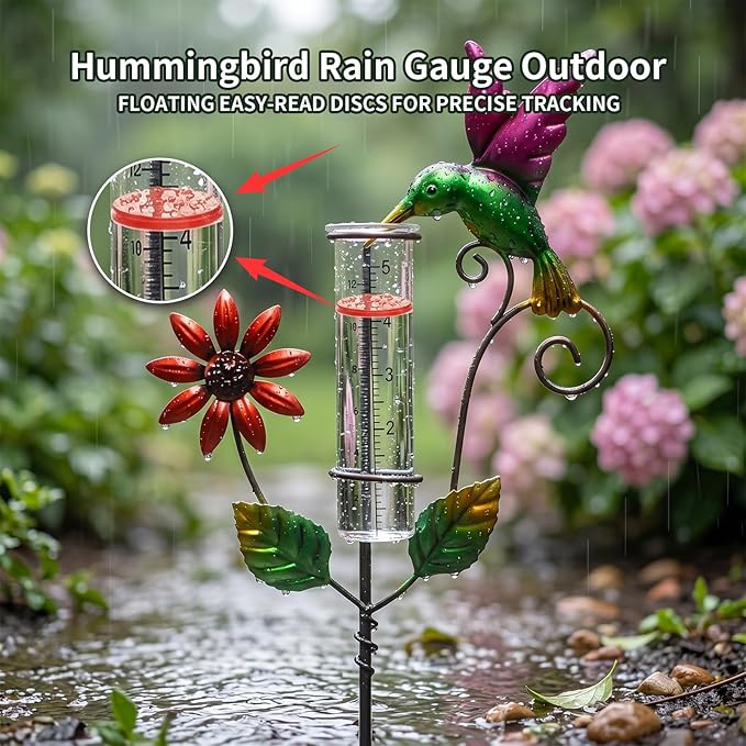 Hummingbird Rain Gauge Outdoor, Glass Rain Gauge with Floating Discs for Easy Reading, Freeze-Proof Adjustable Height Decorative Rain Gauges for Yard Garden Decor, Unique Gardening Gifts for Women
