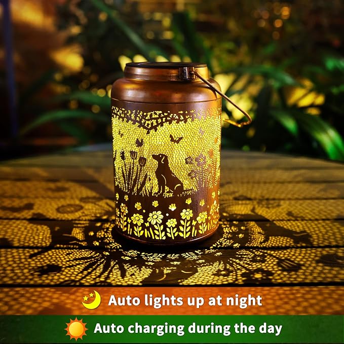 Dog Solar Lanterns Outdoor Waterproof Garden Decor Solar Lights Gifts for Women Men Mom Hanging Lantern LED Light Metal Dog Decoration Outside for Yard,Lawn,Porch,Patio,Tabletop