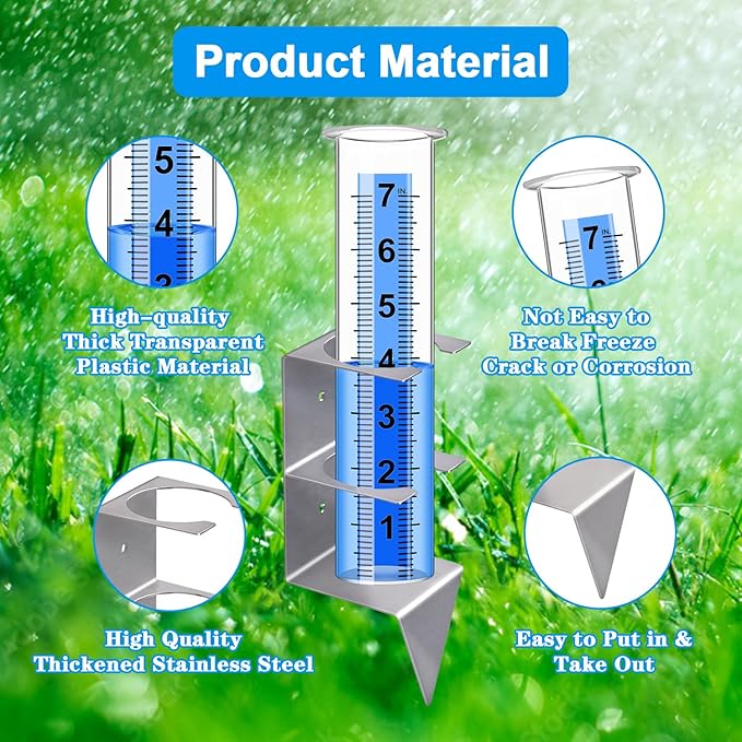 Rain Gauge Outdoor,7" Capacity Rain Gauge Outdoors Best Rated with Stainless Steel Mounting Rack Holder,Freeze Proof Plastic Large Rain Gauge for Yard Garden Fence Lawn Patio Farm (Silver)