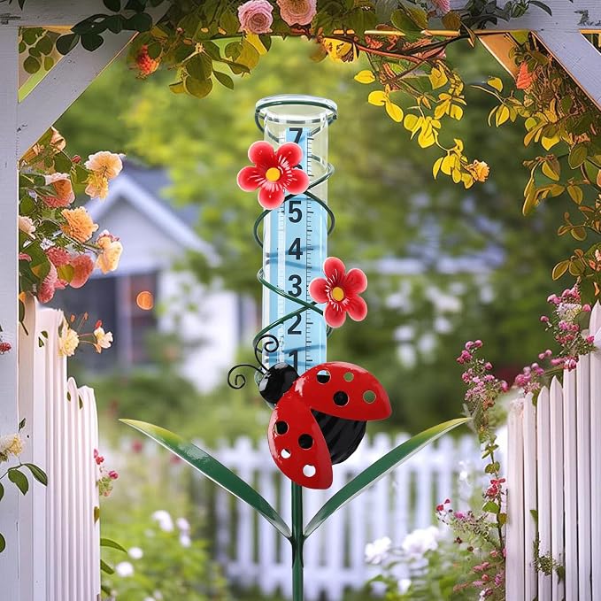 WONDER GARDEN Rain Gauge Outdoor, Decorative Ladybug Rain Gauges Outdoors Best Rated, Freeze Proof Glass Water Rain Measure Gauge with Flower for Yard Patio Lawn Decor