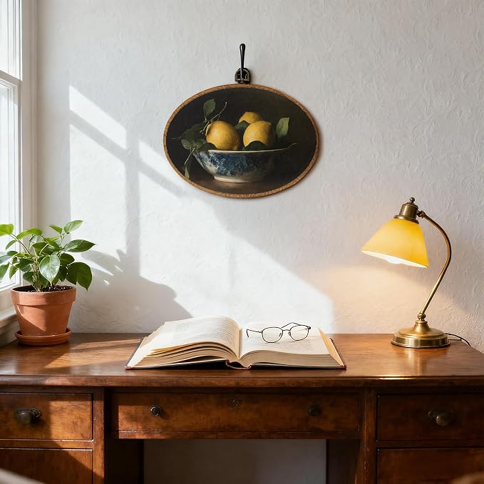 DOFQZ Dark Academia Lemon Oval Wall Art Decor, Vintage Moody Lemon Framed Wall Art, Rustic Farmhouse Fruit Walls Hanging Decor for Kitchen Dining Room Bedroom Home, 11.5x8.5 Inch