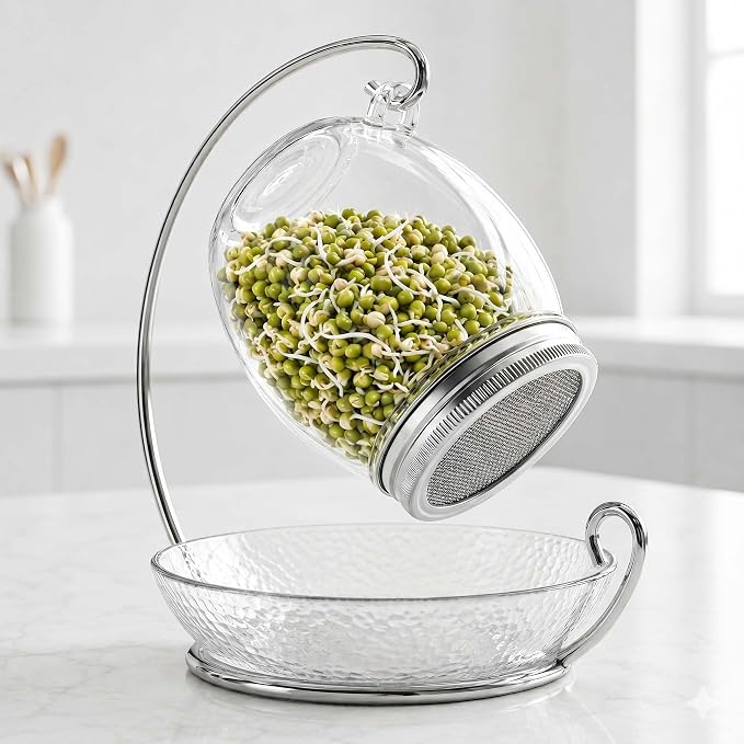 Premium Sprouting Jar Kit - Unique 30 oz Wide Mouth Sprouting Jar, Stand, Tray and 316 Stainless Screen Lid | Decorative Indoor Seed Sprouter and Germinator (1 Kit)