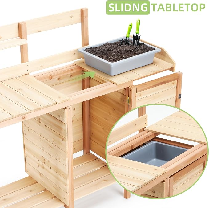 42" Outdoor Potting Bench with Sink, Wooden Potting Table with Sliding Tabletop, Storage Cabinet & Bottom Shelf, Garden Work Bench for Patio Backyard Porch, Natural