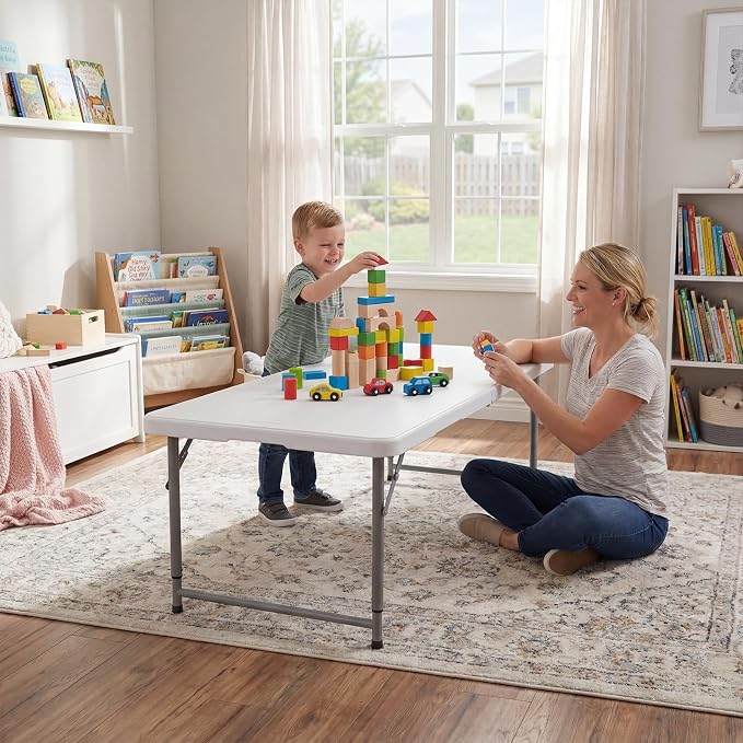 Byliable Folding Table 4 Foot, Heavy Duty Portable Plastic Fold-in-Half Utility 4ft Folding Table with Carrying Handle for Indoor Outdoor, Camping Picnic Party, White
