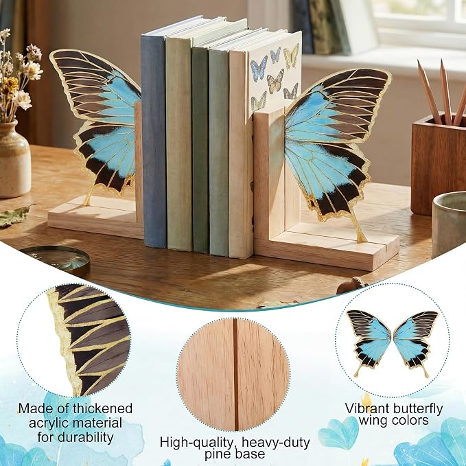 Decorative Butterfly Bookends Wooden Acrylic Butterflys Bookend Modern Bookshelf Decor Accent Book Stopper Decor for Home Farmhouse Shelves Office Lover Gift(Blue Butterfly)
