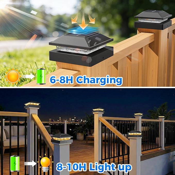 Peasur 4x4 Solar Post Cap Lights, 2 Modes 16 LED Post Solar Lights Waterproof, Black Fence Deck Lights Fit Wooden/Vinyl Post for Porch Patio