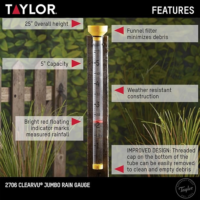 Taylor Capacity Jumbo Rain Gauge, Measure and Monitor Precipitation, Easy to Read for Backyard, Patio, Garden, and Lawn, 5-inch, Yellow