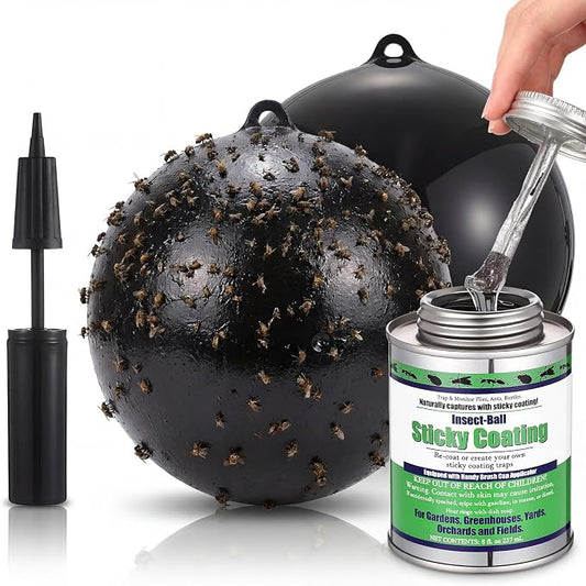 2 Pcs Large Fly Trap Balls Hanging Fruit Fly Traps Outdoor Adhesive Insect Balls with a Sticky Coating Glue Air Pump Insect Catch Sticky Bug for Farm Orchard Deerflies Mosquito (Black)