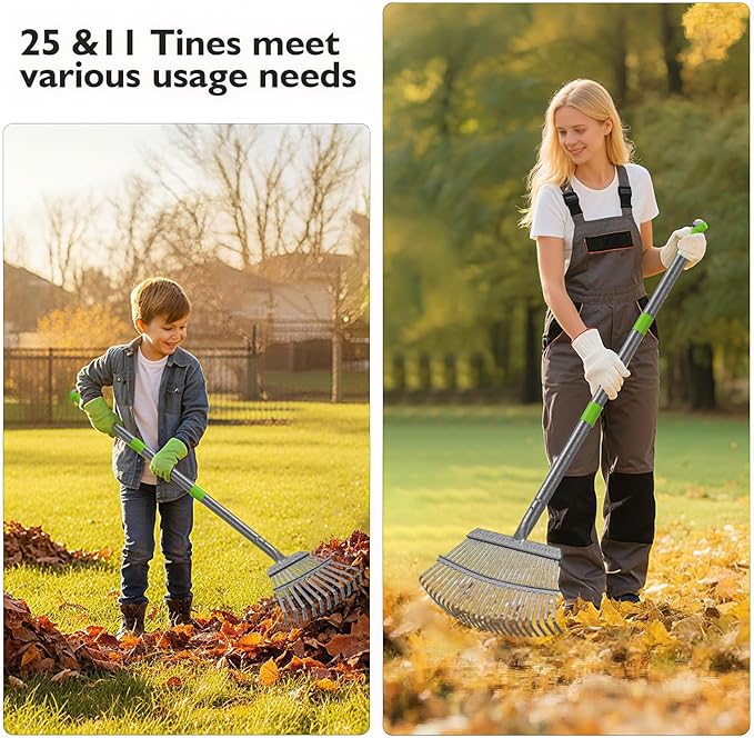 GARDENWORK Leaf Rake for Leaves,36-73" Long Garden Rake,25 &11 Tines Heavy Duty Leaf Rake for Lawns,Adjustable Stainless Steel Handle,Yards, Grass, Garbage, Weeds, Debris