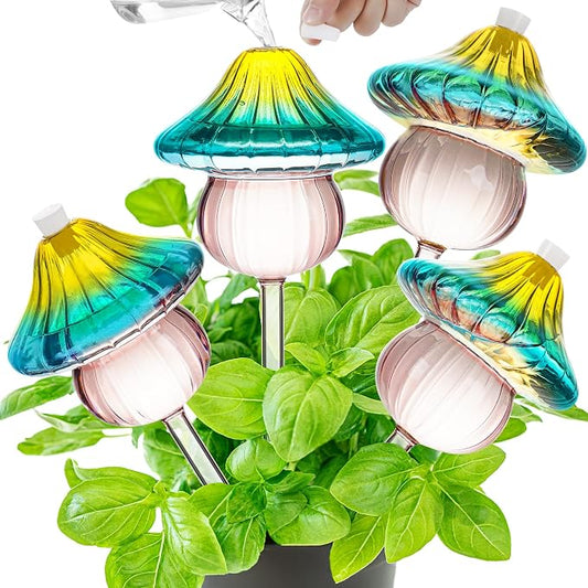 11 oz Large Plant Watering Globes, Mushroom Gradient Color Glass Watering Bulbs, Vacation Plant Watering Devices, Self Watering Globes - Self Watering Planter Insert for Travel (Large 4-Pack)