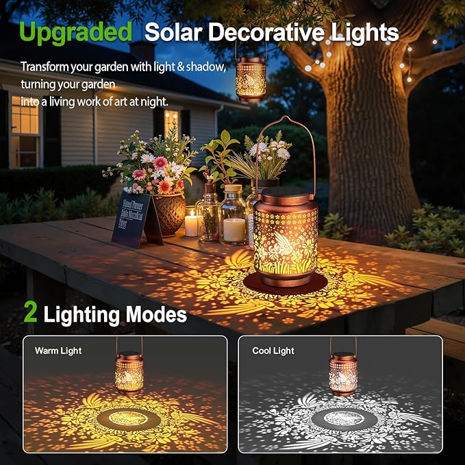 KOOPER Solar Lanterns Outdoor Waterproof Birthday Gifts for Women Mon Grandma, 2 Pack Brighter Hummingbird Hanging Solar Lantern Lights Outdoor, 2 Modes Metal Outdoor Decoration for Yard, Patio