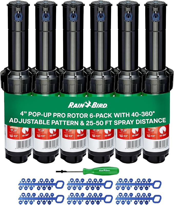 Rain Bird 5000 Rotor with Nozzle Tree 6 Pack (5000RCTREE) + Rotor Screwdriver Tool (CPRTOOL) - 3/4 inch Inlet for Water Efficient 4 inch Pop Up, Adjustable 40 - 360 Degree Arc & 25 - 50 ft Radius