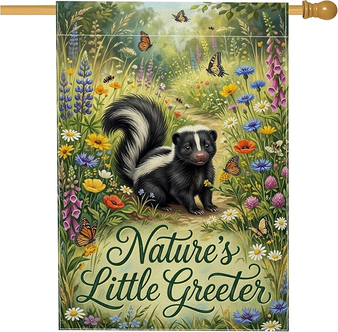 Skunk House Flag, Nature Fanciful Butterfly Flowers Spring Green Burlap Double Sided Front Porch Decorative Flags for Outdoor Yard Lawn Patio Doorway Entrance 28x40 Inch