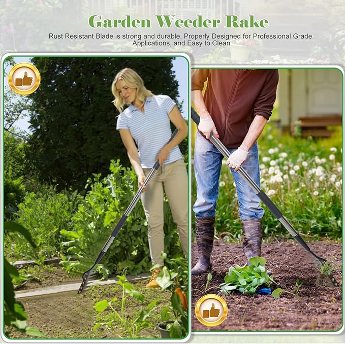 Garden Weeding Rake, Iron Weed Rake with Long Handle(27" - 60"), Heavy Duty 6 Teeth Manganese Steel Iron Weeding Rakes for Weeding, Yard, Farm...