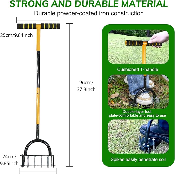 Garden Lawn Aerator & Aerator Lawn Tool - Manual Grass Plug Aerators & A Cleaning Tool, Coring Aeration Tools, Manual Yard Aerator for Lawn with 15 Spikes, Automatic Dirt and Leaf