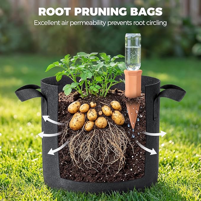 5-Pack 5 Gallon Self Watering Grow Bags with 5pcs Terracotta Watering Spikes, Fabric Growing Plant Bags Garden Planting Pots for Gardening Outdoor, Planter Bags for Potato Tomato Cucumbers Vegetables