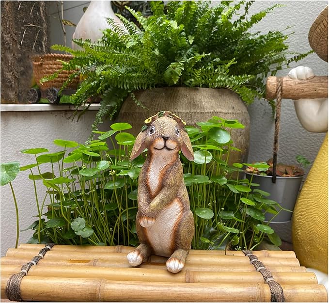 Bunny Outdoor Statues, Rabbit Garden Statues for Lawn Yard Decorations Outdoor Adorable Bunny Wearing Flower Crown, Outdoor Bunny Decor Lucky Rabbit Mom Dad Gifts