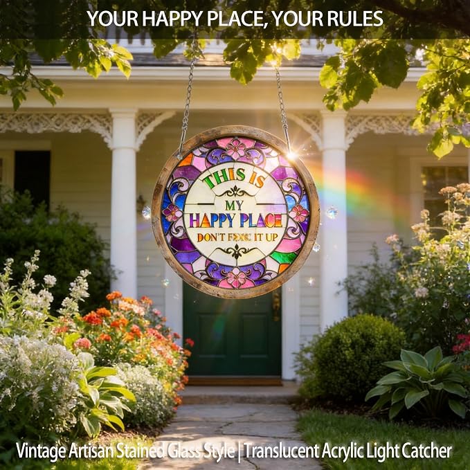 "This Is My Happy Place Don't F It Up" Sign, 11.5 Inch Acrylic Wall Decor, Vibrant Colors Round Garden Sign for Home, Garden, Bar, Farm, Coffee Shop Decor