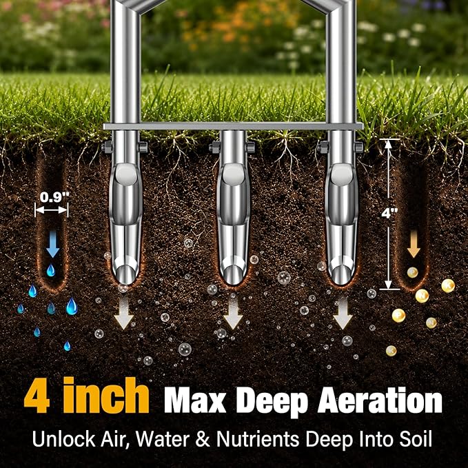 Manual Core Aerator Lawn Tool, Lawn Aerator Tool with 3 Non-Clogging Hollow Tines, Yard Grass Aerator with Ergonomic Rubber Grip, Reinforced Welding for Compacted Soil Lawn Care - Orange