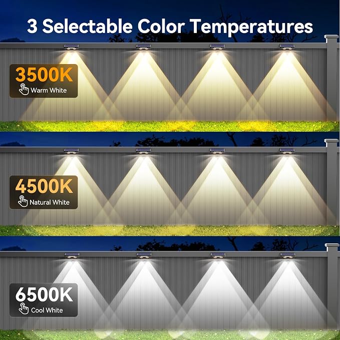 TECKNET Solar Fence Lights Outdoor 12 Pack, 3 Modes - Warm/Natural/Cool White, IP66 Waterproof Solar Lights for Fence with 2 High Brightness LED, Outside lighting Decor for Patio Wall Railing Backyard