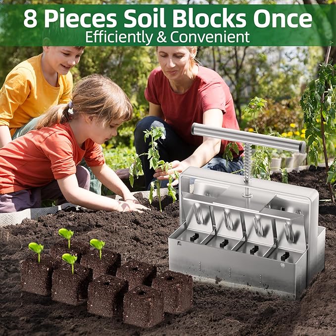 zukakii Soil Blocker 2 Inch 8 Cell Upgraded Soil Block Maker Heavy Duty with Comfortable Handle and 3 Sizes Seed Pins Handheld Soil Blocking Tool for Seed Starting transplanting Germination