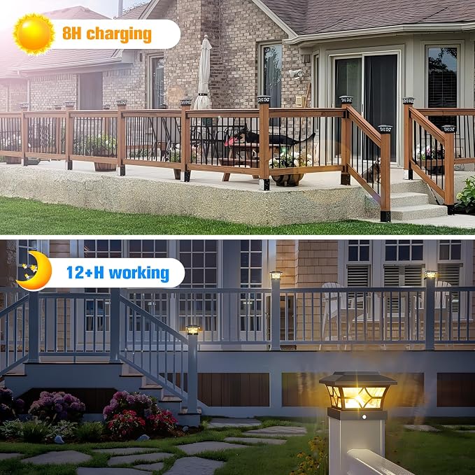 VOLISUN Solar Post Cap Lights Outdoor, Solar Powered Fence Cap Lights for 4x4 Vinyl/Wood, Black Waterproof Solar Deck Post Light 8Pack Cool/Warm for Garden Patio Porch