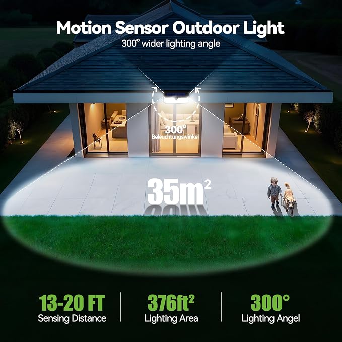 TECKNET 416 LED Solar Powered Outdoor Lights, 300° Angle & 3 Lighting Modes Motion Sensor Light Outdoor, Security Solar Lights Waterproof - 6 Pack