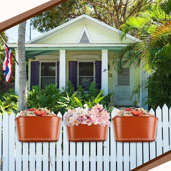 Hicarer Metal Hanging Flower Pots for Railing Fence, Large Hanging Rail Planters for Outdoor Window Balcony Plants Holder with Hooks for Garden Yard Home Decor(Brown,12 Pcs)