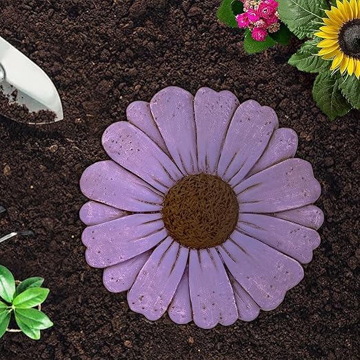 2 Pack Daisy Cement Stepping Stones 10 Inch, Heavy Duty Garden Pathway Stones, Non Slip Outdoor Walkway Decor for Yard Patio Lawn, Weather Resistant Cement Stepping Stones (Purple)
