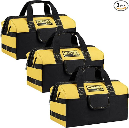 HISEA 3 Pack Heavy Duty Tool Bag with Storage Pockets, 16-Inch Tools Organizer Tote with Wide Base, Waterproof Durable Tool Bags with Zipper for Electrician, Tradesman (Yellow)