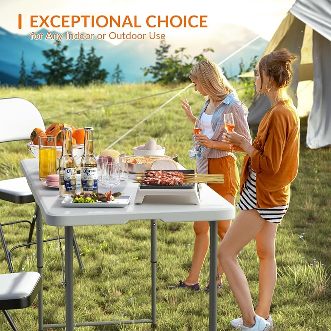 Elevon Folding Table Set with 4 White Folding Chairs,4 Feet Heavy Duty Fold-in-Half Utility Table Sets for Picnic, Event, Training, Outdoor Activities, at Home and Commercial Use