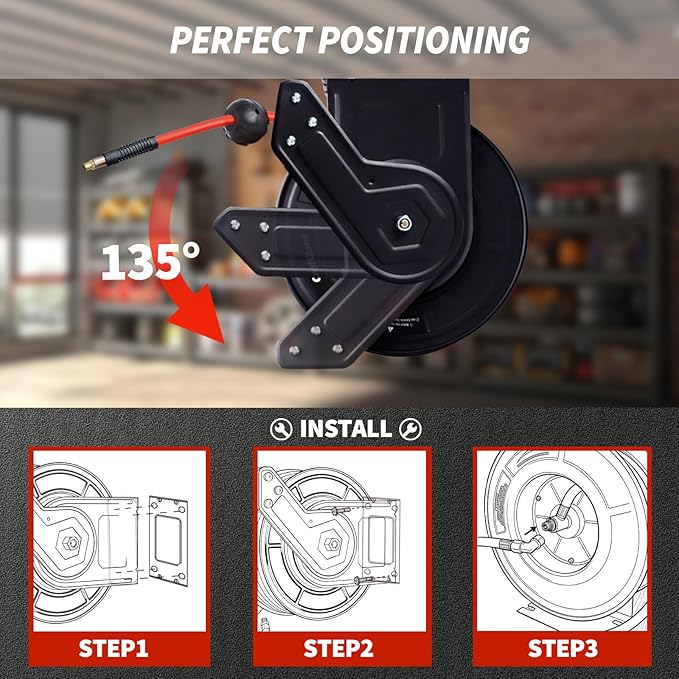 Retractable Air Hose Reel | Rewind 50 ft x 3/8 in Hybrid Air Hose Max 300PSI | Heavy Duty Air Compressor Hose Reel with Auto Rewind and Bracket | Ceiling|Wall Mount for Garage|Workshop|Home Studio