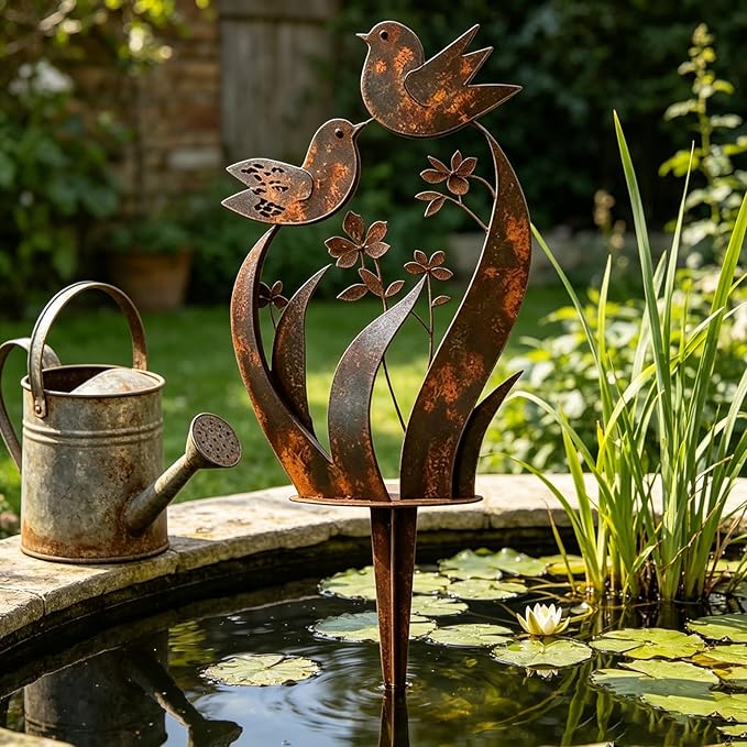 Bird & Wildflower Metal Garden Stake, Rustic Outdoor Decorative Stake, Weatherproof Metal Garden Art for Yard Lawn Patio Planters, Decorative Ornament Gift for Garden Lovers (1pcs)