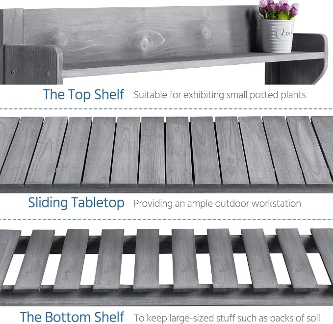 Topeakmart Potting Table Wood Workstation Table w/Sliding Tabletop w/Removable Dry Sink Storage Shelves Outdoor Garden Work Benches Station Planter Bench for Backyard Patio Gray