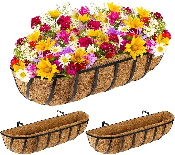 Tessco for you 3 Pieces Railing Planter Boxes, 24 Inches Window Box Planters with Coco Liner and Adjustable Brackets for Deck Porch Fence Patio Balcony Gardening Outdoor Plants