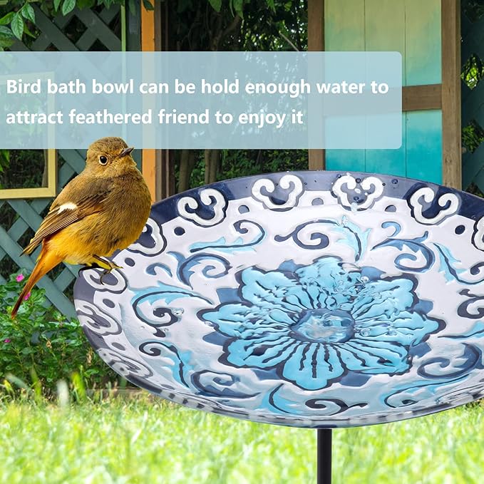 MUMTOP Glass Bird Bath, Garden Outdoor Birdbaths Birdfeeder with Metal Stake, Blue