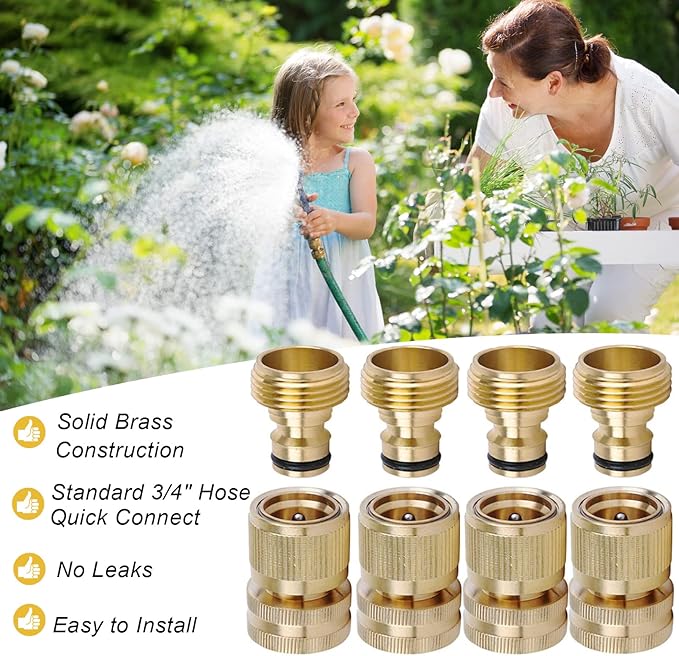 Brass Hose Quick Connect, 3/4 Inch GHT Thread Garden Hose Quick Connector No-Leak Water Hose Quick Connect Fittings Male and Female - 4Packs
