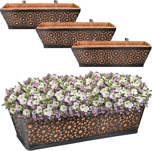 Halatool 24 Inch Window Box with Coco Liner, 4 Pack Sturdy Metal Flower Railing Planter with Coco Coir Basket Liners for Window Deck Fence Porch Balcony and Patio Outdoor Indoor Lawn