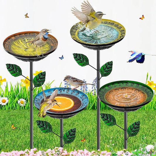 4 PCS Metal Bird Baths for Outdoors, Small Garden Bird Bath with Metal Stake, Hummingbird Feeder for Yard Lawn Decoration (Retro Double Color Splicing)