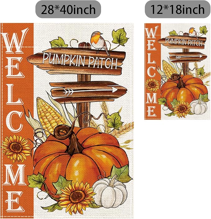 Fall Garden Flag burlap autumn vertical double Sided Fall Thanksgiving Pumpkin Garden Flag Yard Outdoor Decoration(28 * 40in)
