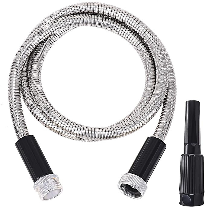 Metal Water Hose 5 ft - Stainless Steel Water Hose with Adjustable Nozzle, Lightweight, Tangle Free & Kink Free, Heavy Duty, High Pressure, Flexible, Dog Proof